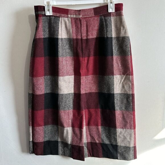 Vintage Black Red Tartan Wool Long Calf Length Midi Pencil Skirt W31" L30" 14 - Picture 4 of 7